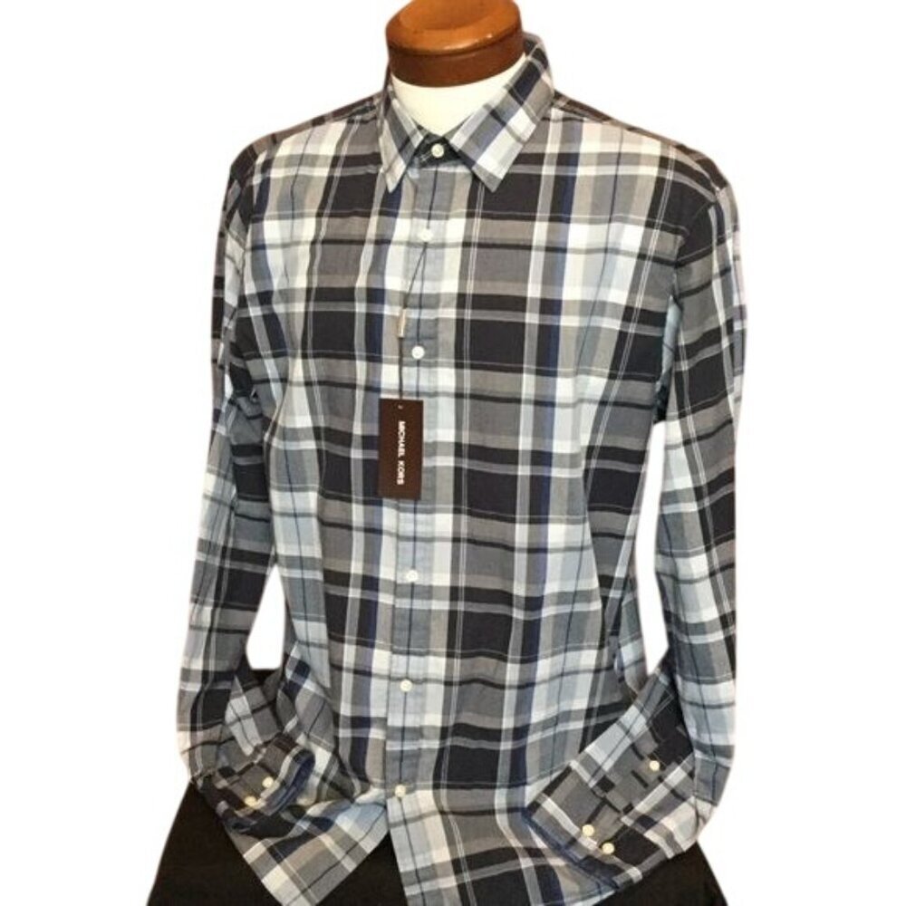 MICHAEL KORS mens slim fit shirt Size XL blue plaid checks NWT
